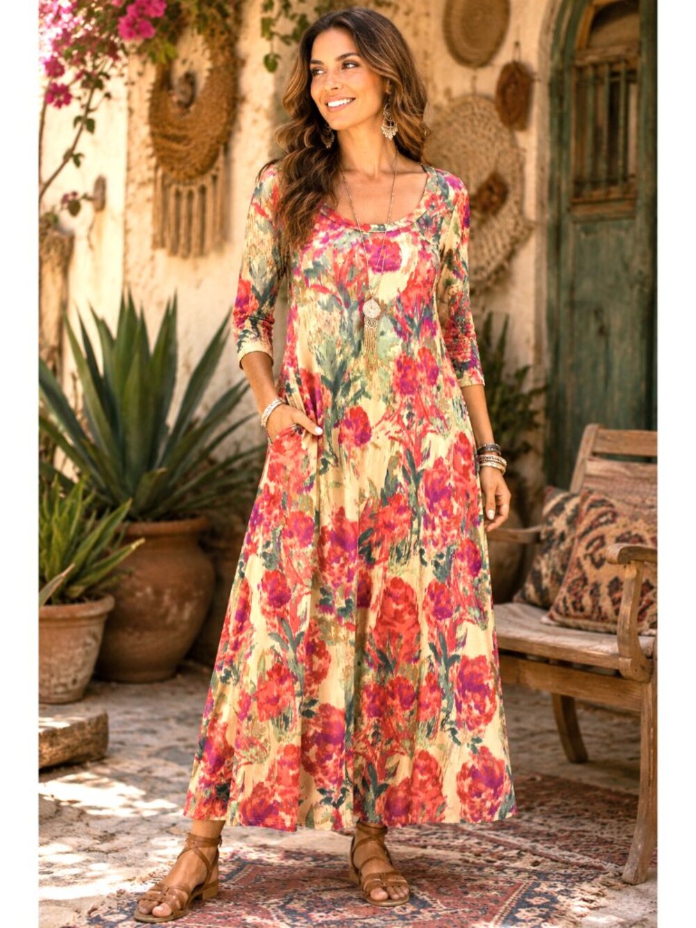Soft Surroundings Santiago Abstract Rose Maxi dress Size PXL floral Print Boho